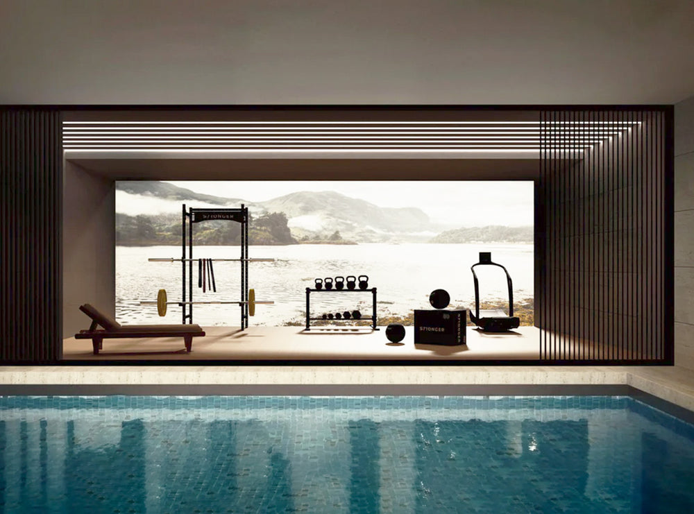 Indoor Gym Interior with Swimming Pool and large window overlooking the outdoors