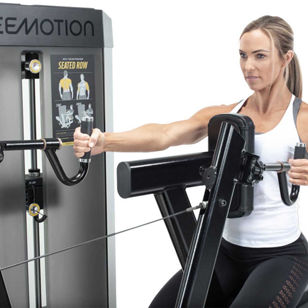 Freemotion Epic Selectorized -Seated Row, seated row workout, exercises with seated row, buy fitness equipment, buy gym equipment, exercises with epic selectorized freemotion machine.