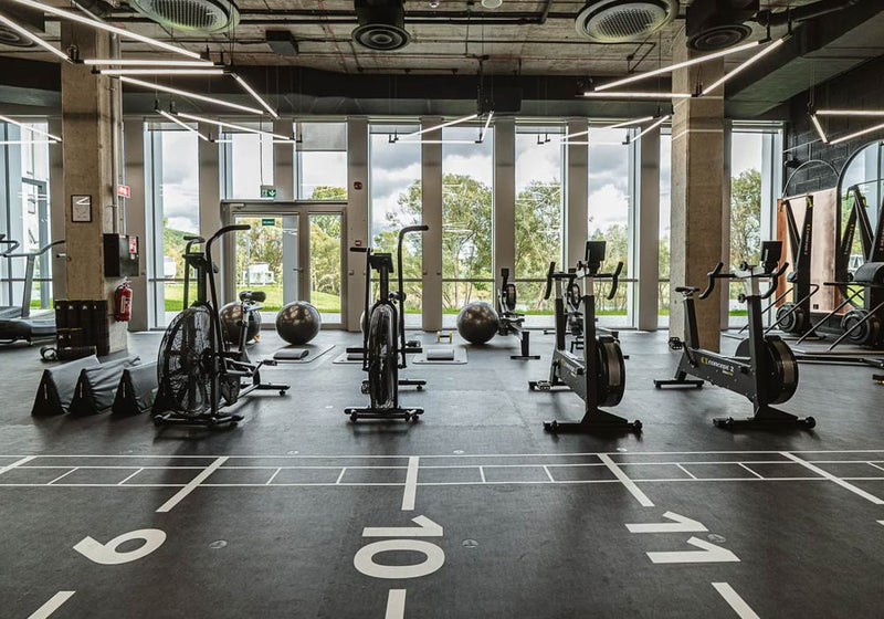 Cardio Area in fitness studio with rubber gym floors, spin bikes, treadmills rowing machines and large windows in the back overlooking trees and fields