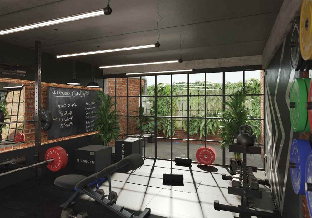 Home Gym Interior & Design with large window in the back - 3D Mockup 