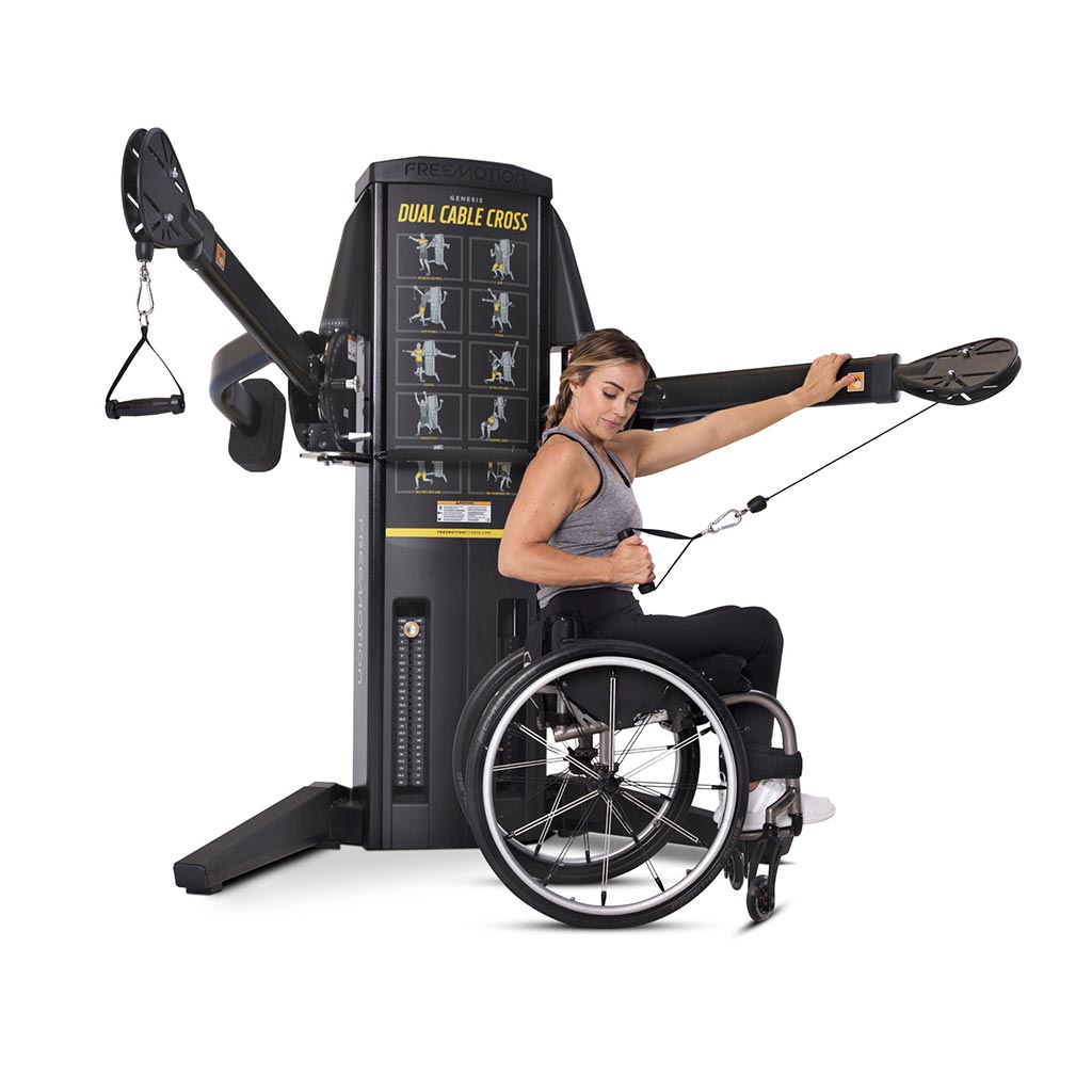 Freemotion dual cable cross, dual cable cross, exercise, fitness, workout, strength, exercises at home, gym equipment, buy gym equipment london, buy gym equipment UK, trend exercises, arm exercises, inclusive user.