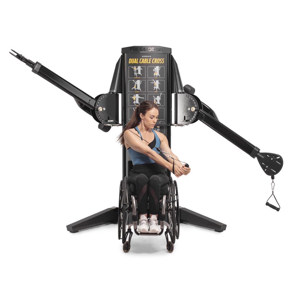 Freemotion dual cable cross, dual cable cross, exercise, fitness, workout, strength, exercises at home, gym equipment, buy gym equipment london, buy gym equipment UK, trend exercises, arm exercises, inclusive user.